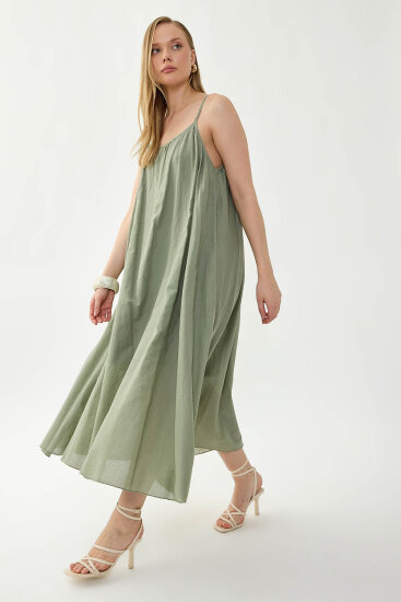 %100 Keten Kısa Kol Uzun Elbise - 19