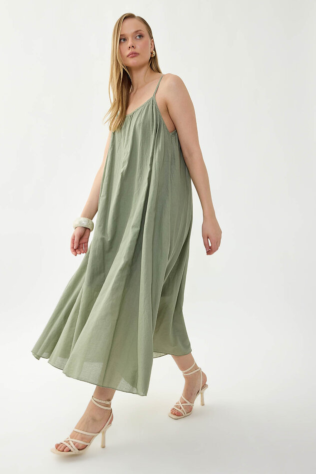 %100 Keten Kısa Kol Uzun Elbise - 19