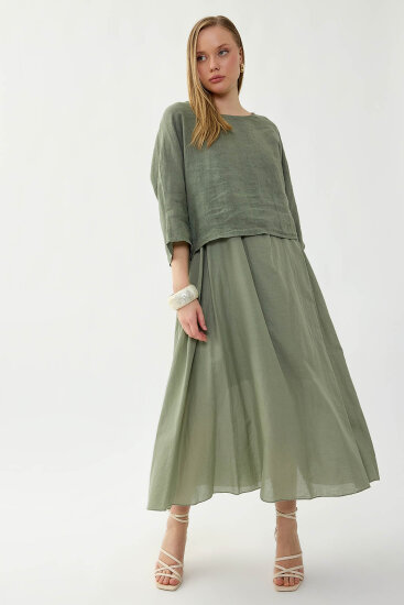 %100 Keten Kısa Kol Uzun Elbise - 15