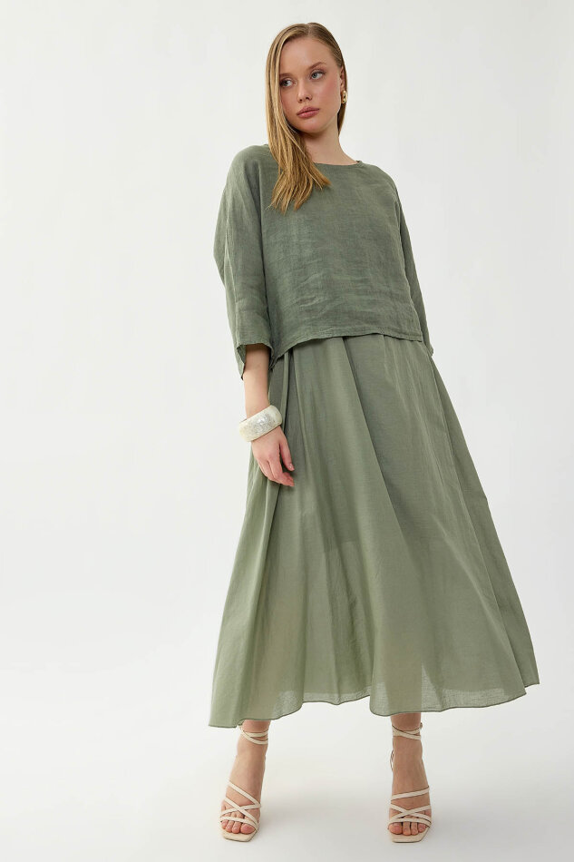 %100 Keten Kısa Kol Uzun Elbise - 15