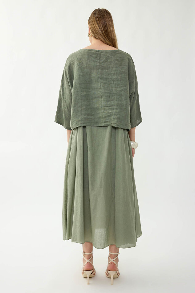 %100 Keten Kısa Kol Uzun Elbise - 17