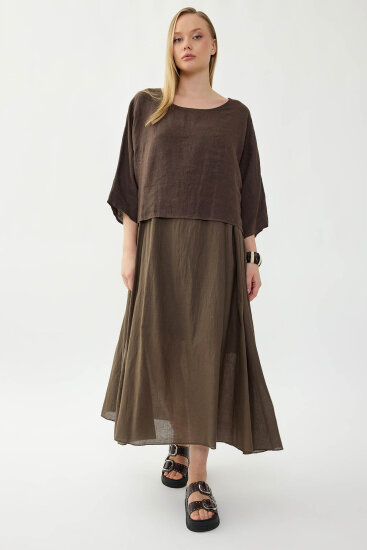 %100 Keten Kısa Kol Uzun Elbise - 22