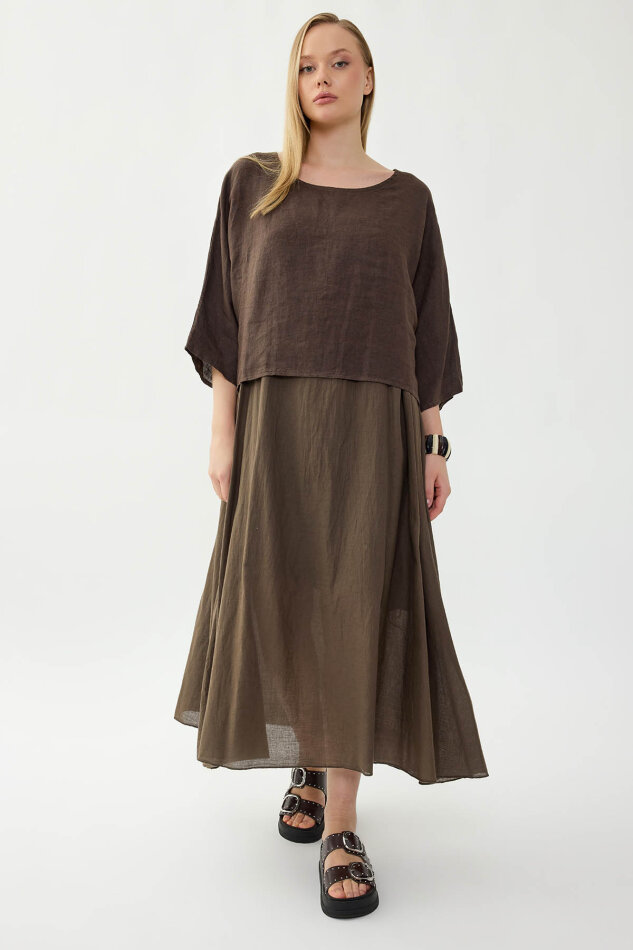 %100 Keten Kısa Kol Uzun Elbise - 22