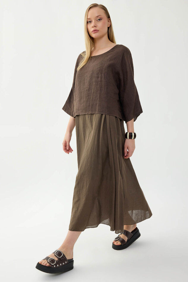 %100 Keten Kısa Kol Uzun Elbise - 23