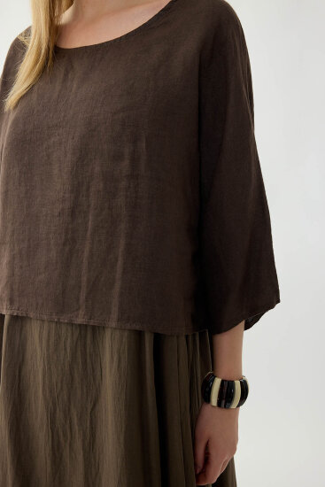 %100 Keten Kısa Kol Uzun Elbise - 24