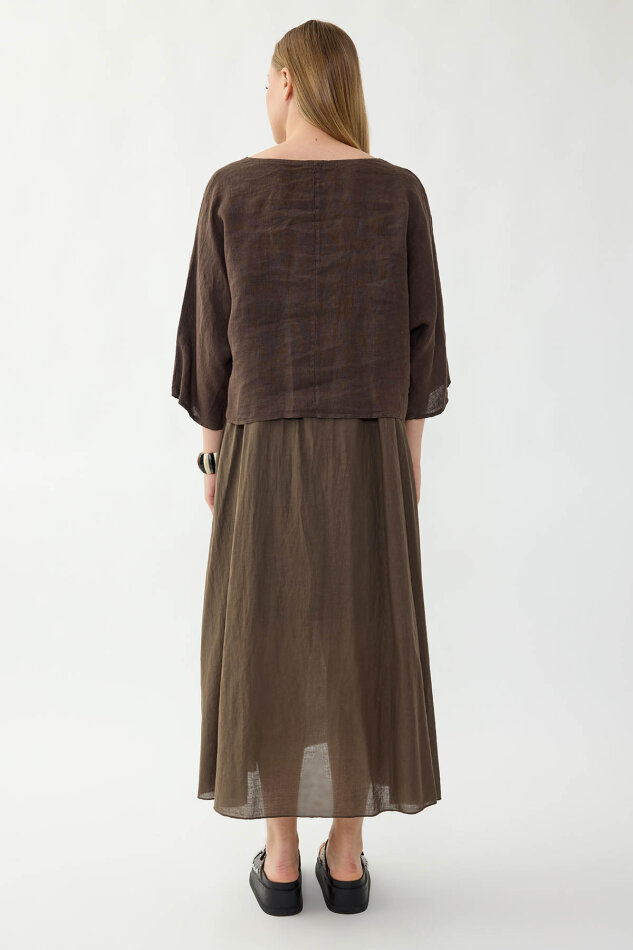 %100 Keten Kısa Kol Uzun Elbise - 25