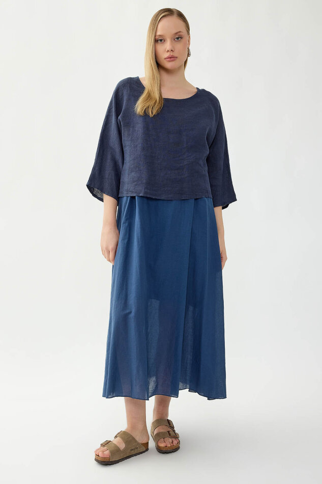 %100 Keten Kısa Kol Uzun Elbise - 28