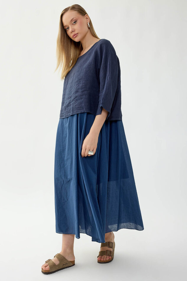 %100 Keten Kısa Kol Uzun Elbise - 29