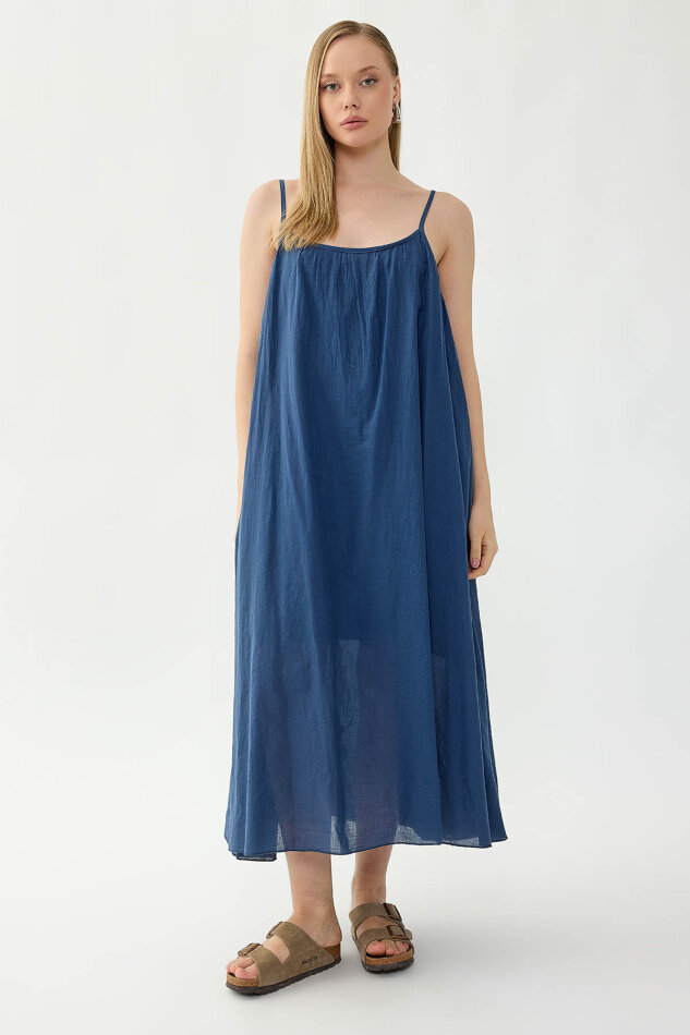 %100 Keten Kısa Kol Uzun Elbise - 32