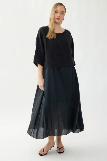 %100 Keten Kısa Kol Uzun Elbise - 34