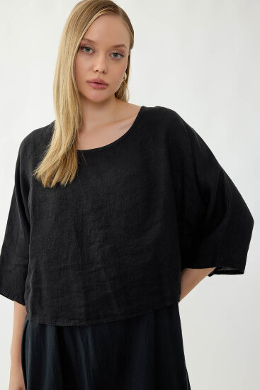 %100 Keten Kısa Kol Uzun Elbise - 36