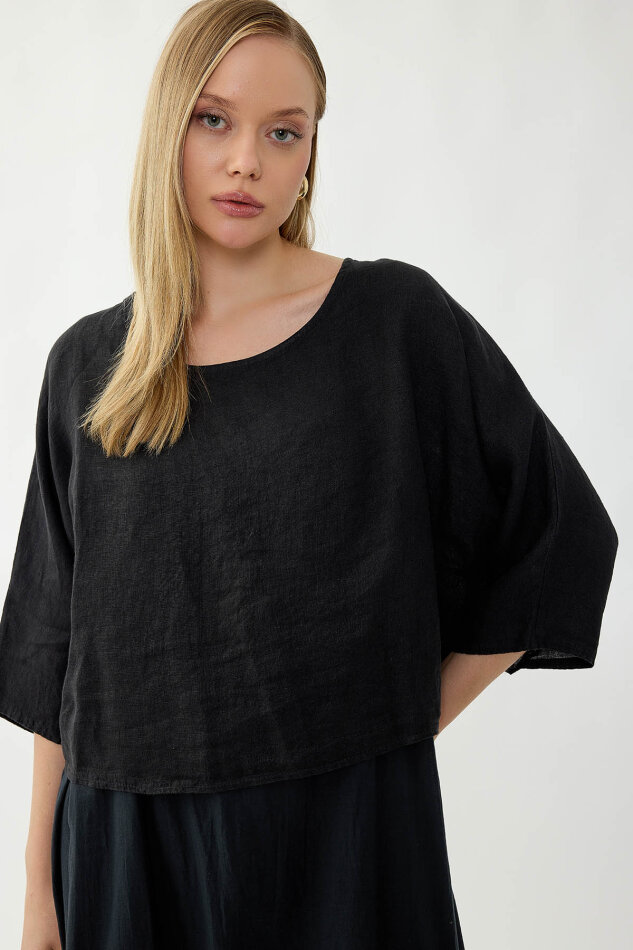 %100 Keten Kısa Kol Uzun Elbise - 36