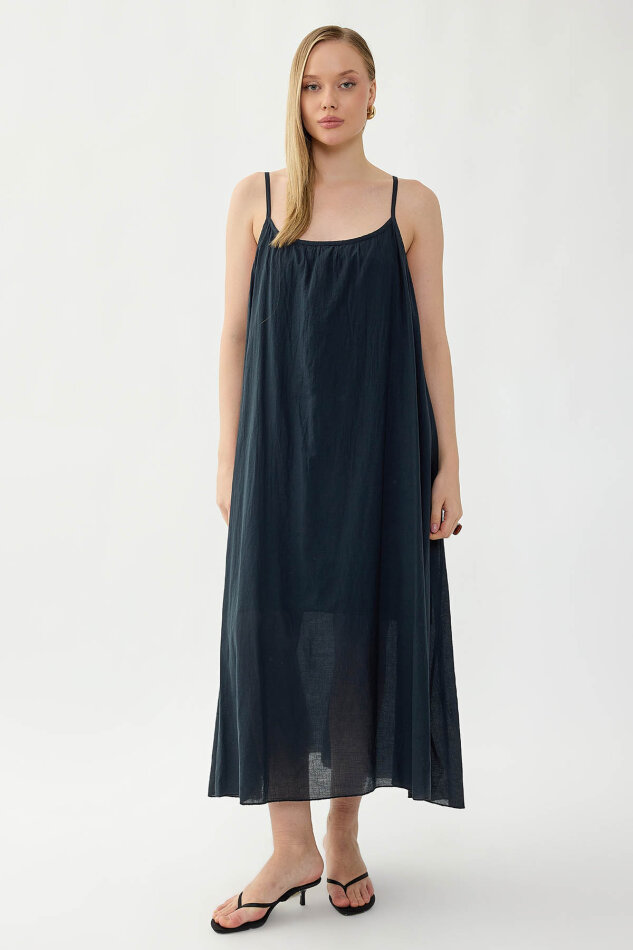 %100 Keten Kısa Kol Uzun Elbise - 38