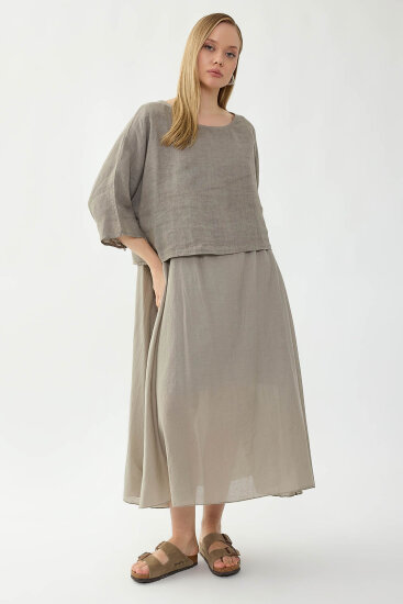 %100 Keten Kısa Kol Uzun Elbise - 40