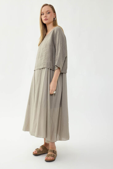 %100 Keten Kısa Kol Uzun Elbise - 41