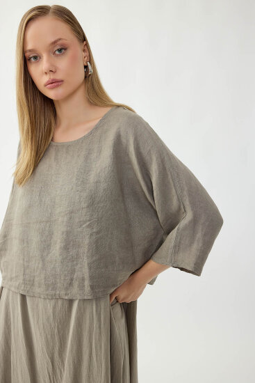 %100 Keten Kısa Kol Uzun Elbise - 42