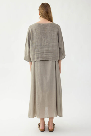 %100 Keten Kısa Kol Uzun Elbise - 43