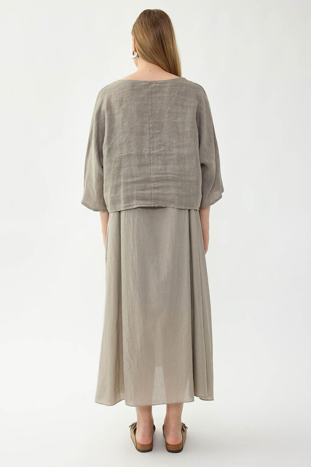 %100 Keten Kısa Kol Uzun Elbise - 43