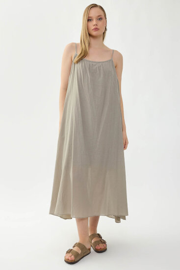 %100 Keten Kısa Kol Uzun Elbise - 44