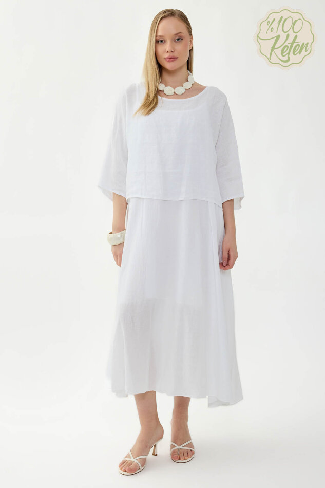 %100 Keten Kısa Kol Uzun Elbise - 3