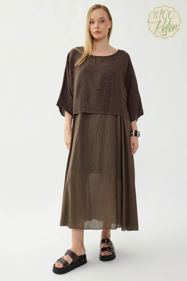 %100 Keten Kısa Kol Uzun Elbise - 21