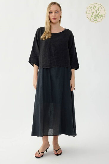 %100 Keten Kısa Kol Uzun Elbise - 33