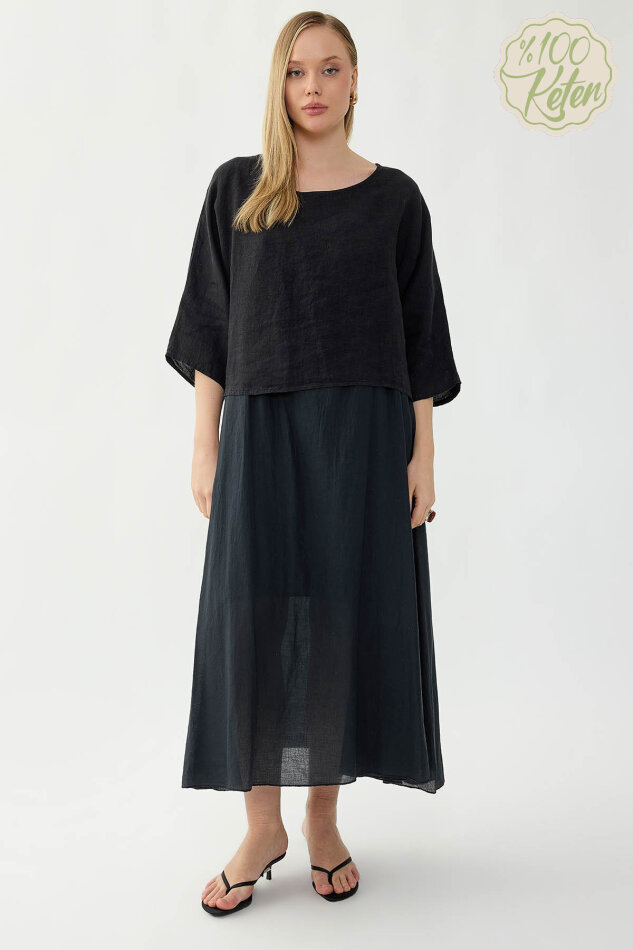 %100 Keten Kısa Kol Uzun Elbise - 33