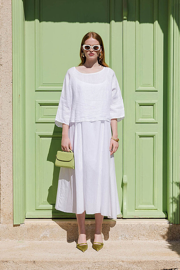 %100 Keten Kısa Kol Uzun Elbise