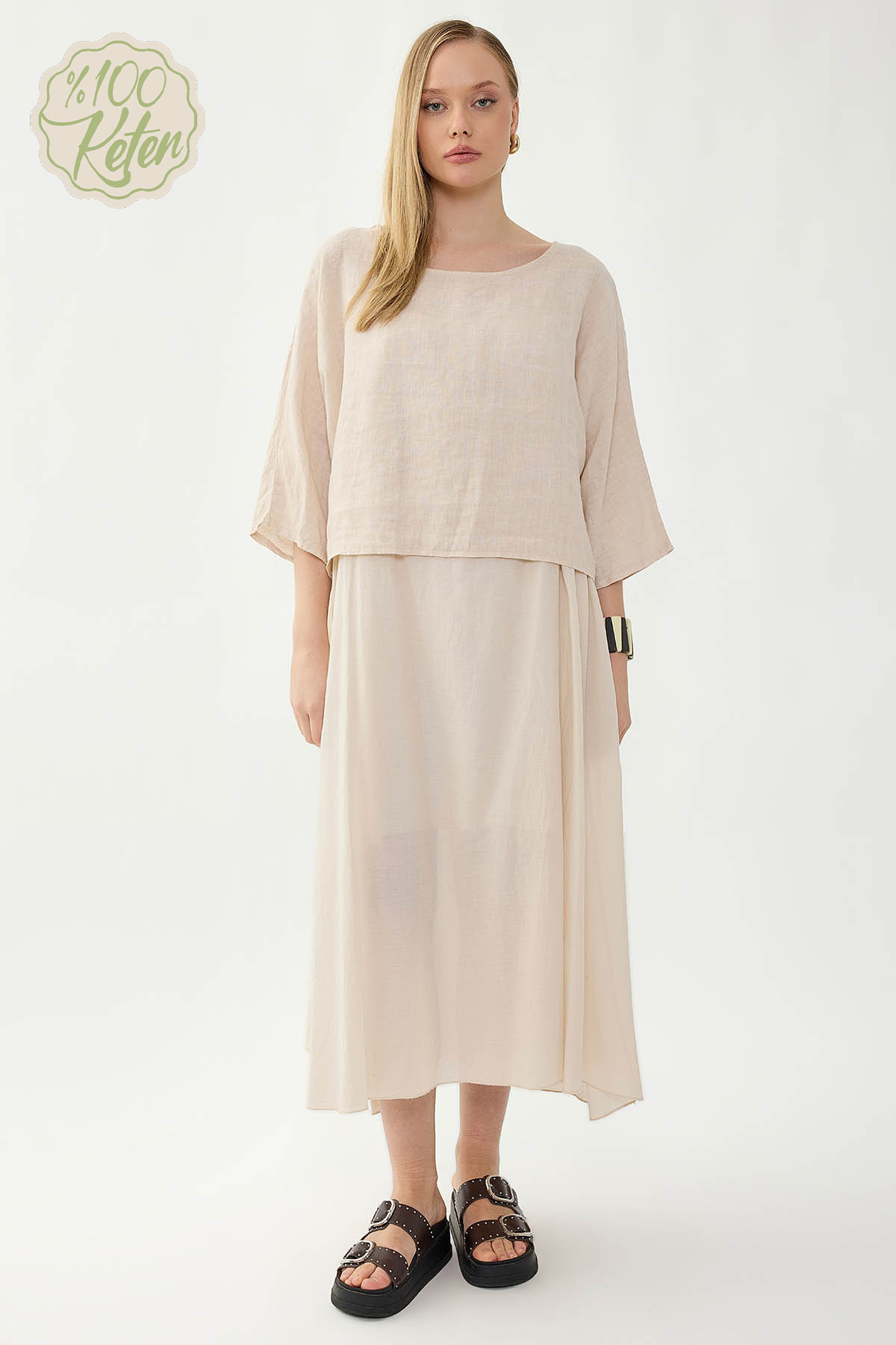 %100 Keten Kısa Kol Uzun Elbise - Thumbnail