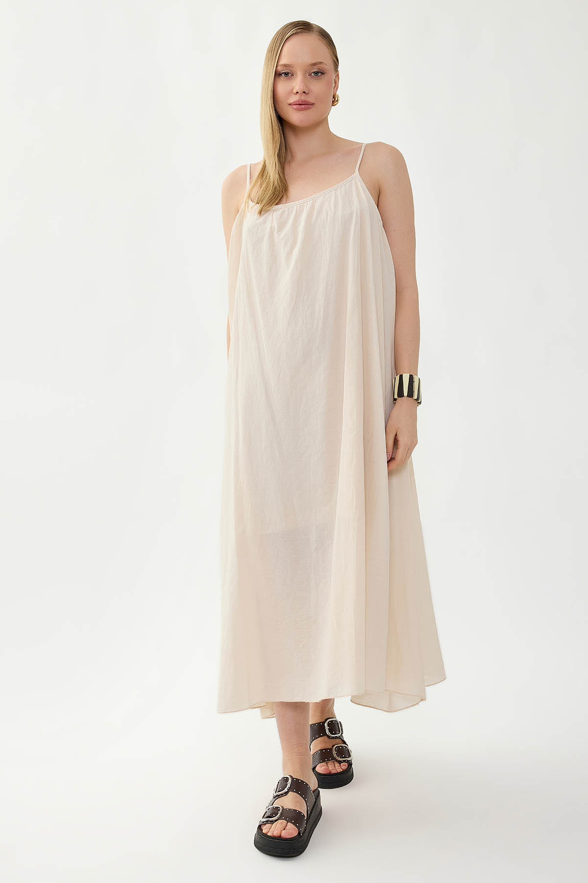 %100 Keten Kısa Kol Uzun Elbise - Thumbnail