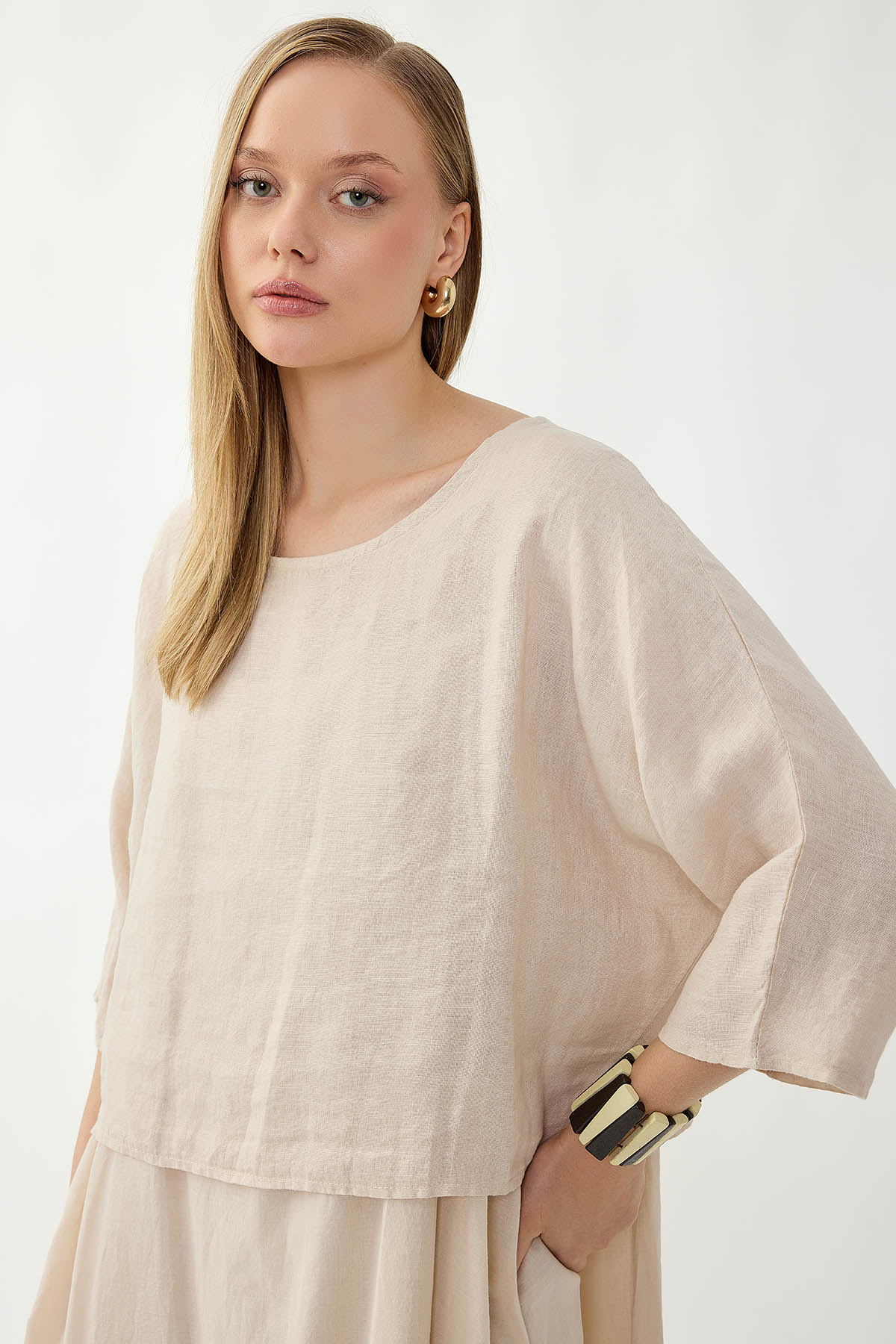 %100 Keten Kısa Kol Uzun Elbise - Thumbnail