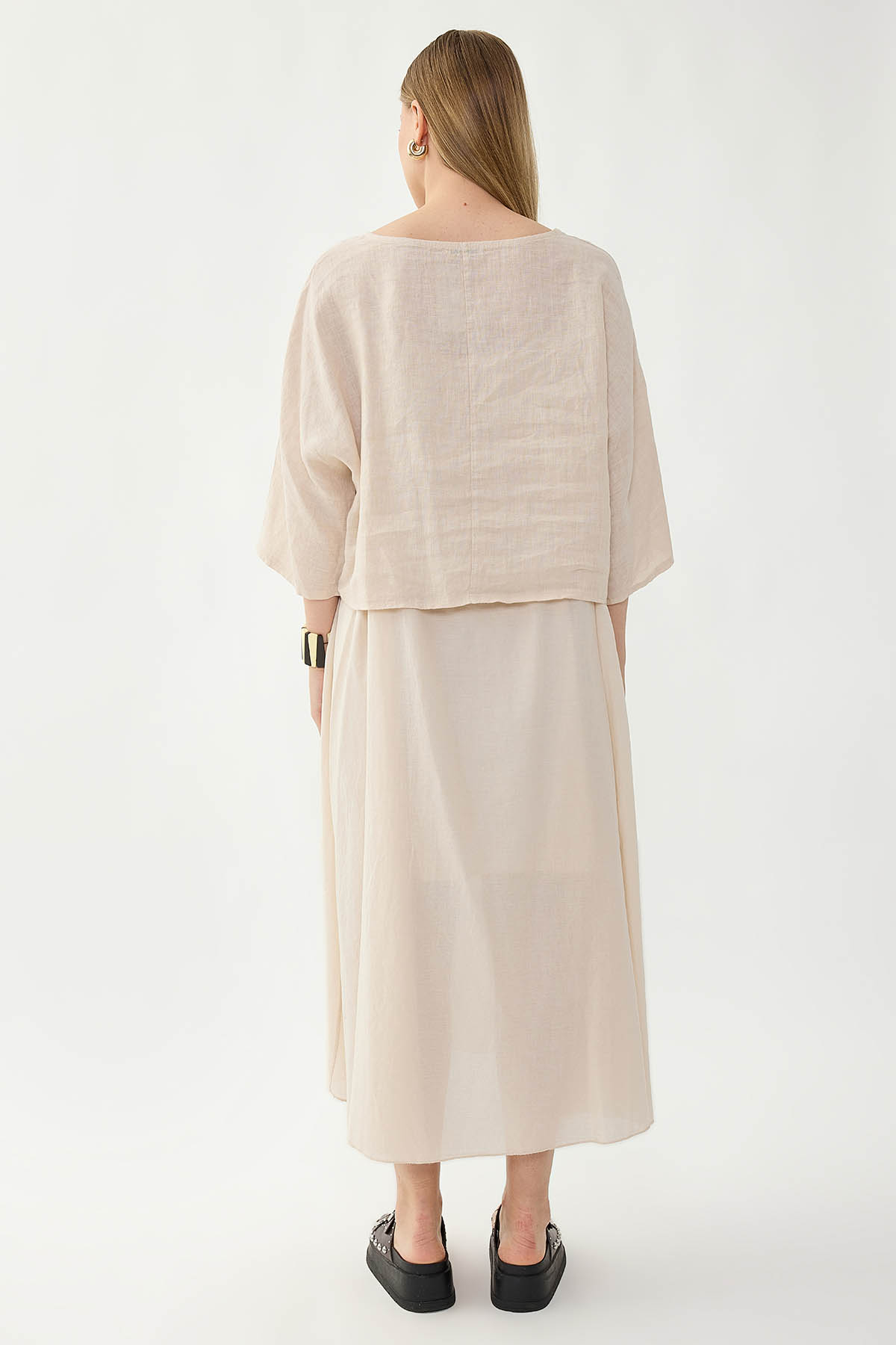 %100 Keten Kısa Kol Uzun Elbise - Thumbnail