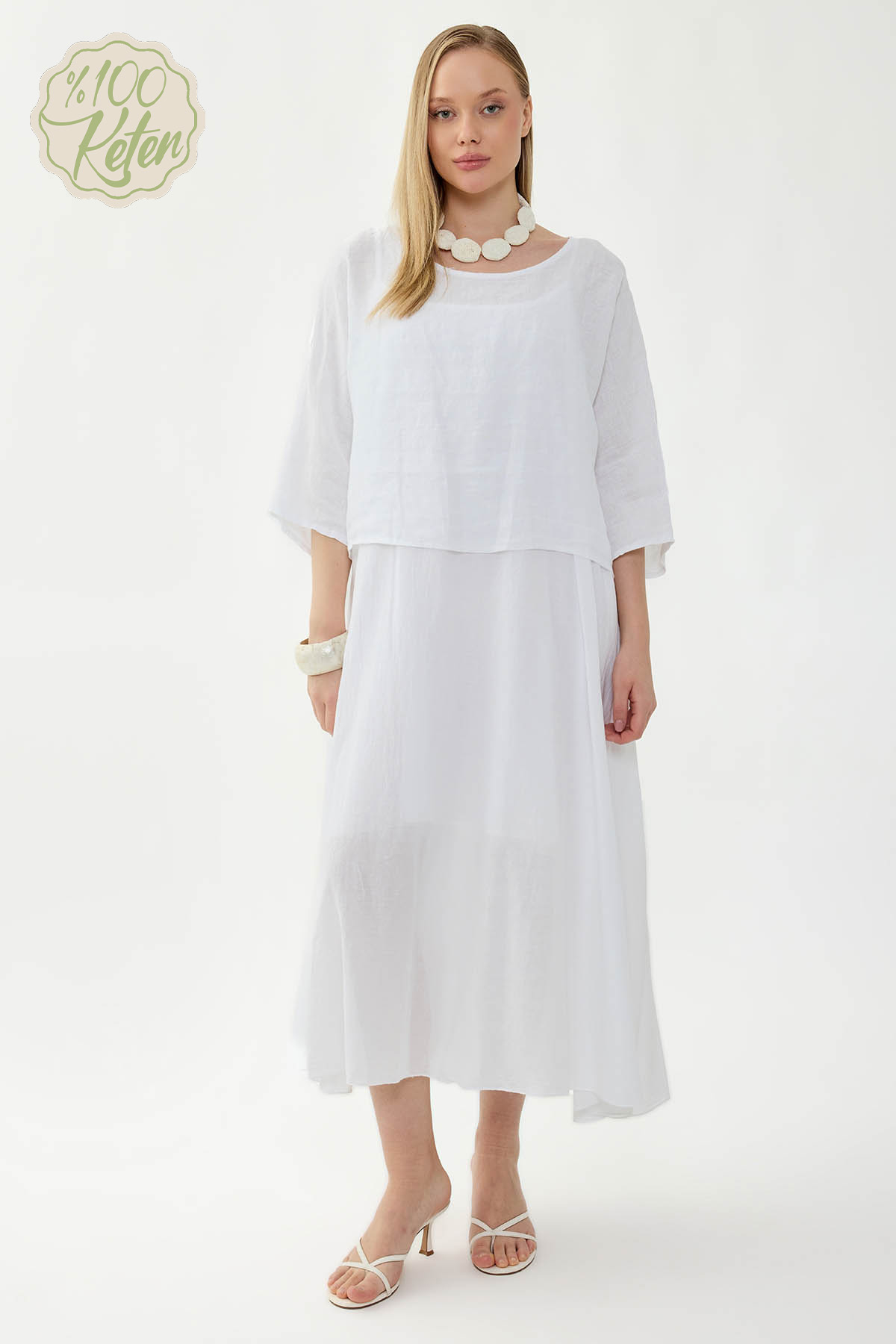 %100 Keten Kısa Kol Uzun Elbise - Thumbnail