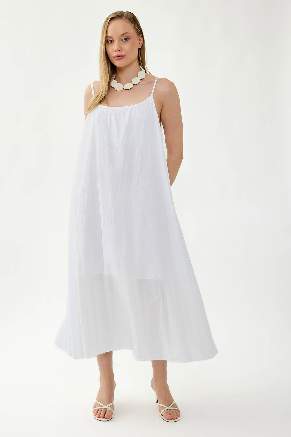 %100 Keten Kısa Kol Uzun Elbise - Thumbnail