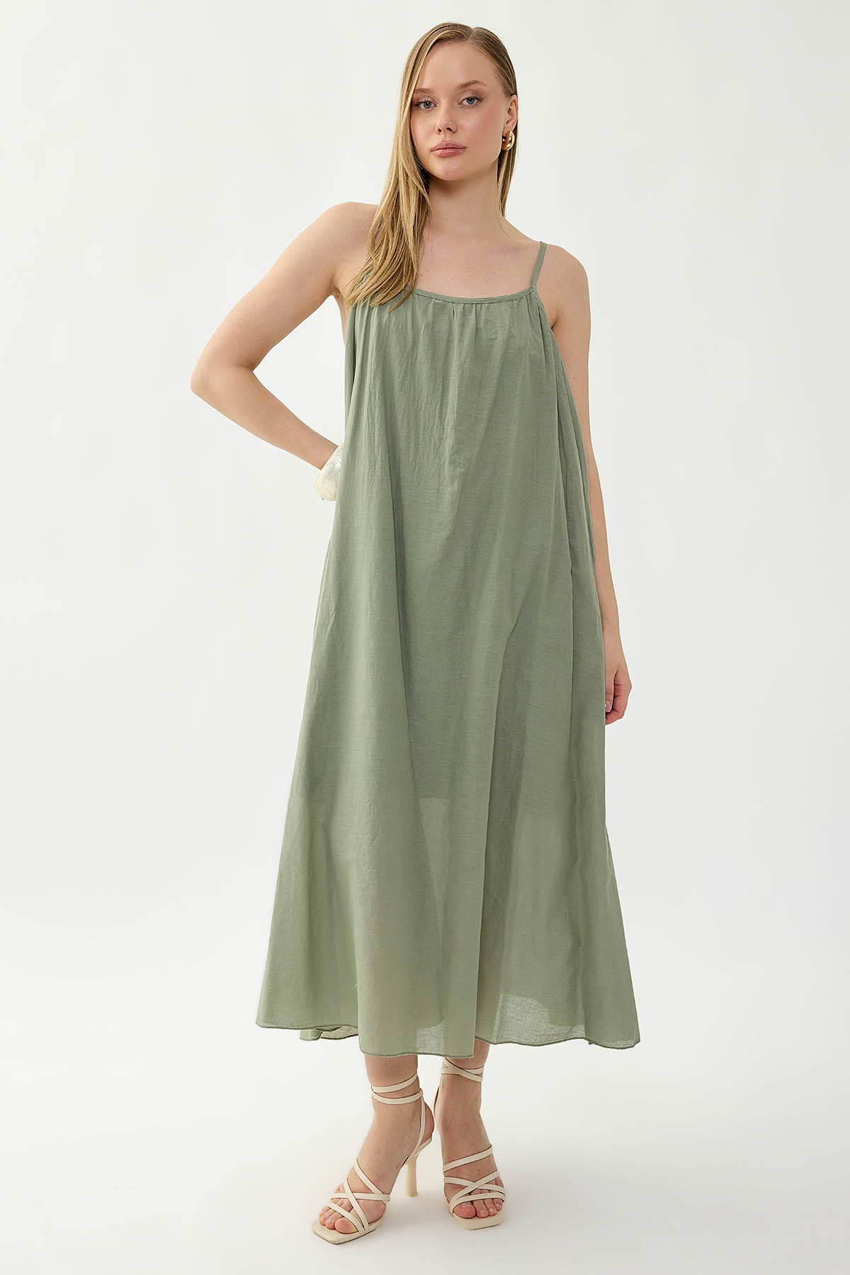 %100 Keten Kısa Kol Uzun Elbise - Thumbnail