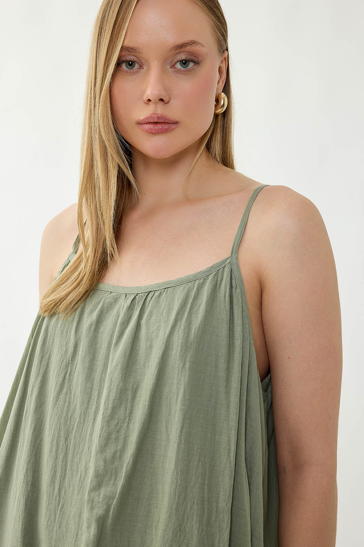 %100 Keten Kısa Kol Uzun Elbise - Thumbnail