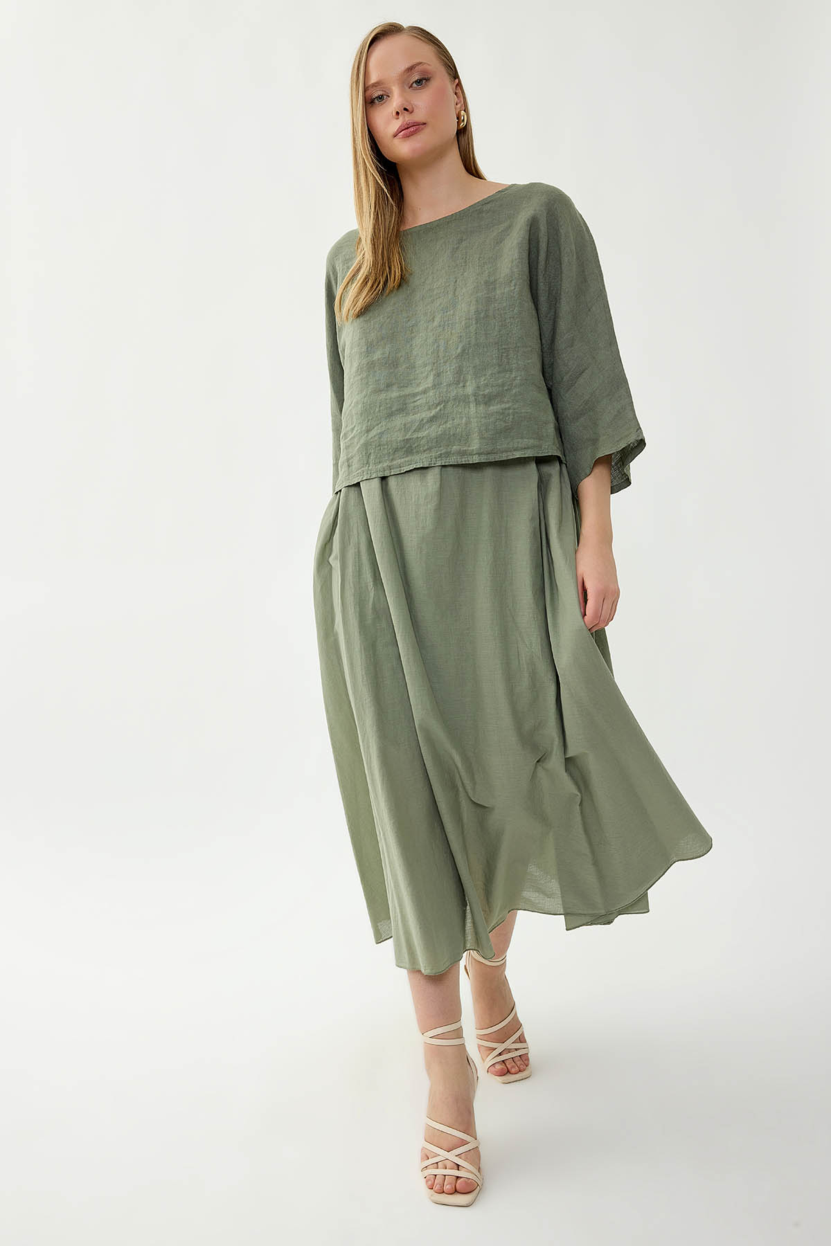 %100 Keten Kısa Kol Uzun Elbise - Thumbnail