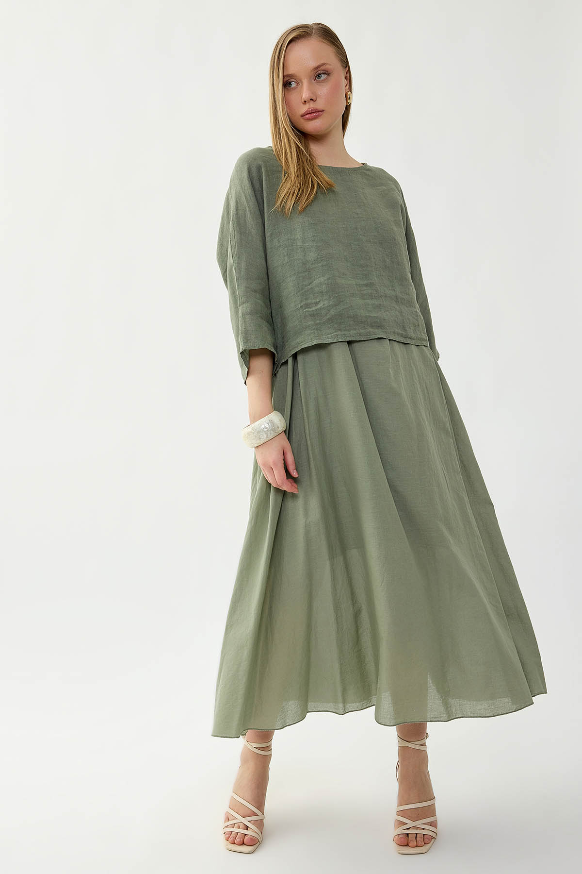 %100 Keten Kısa Kol Uzun Elbise - Thumbnail