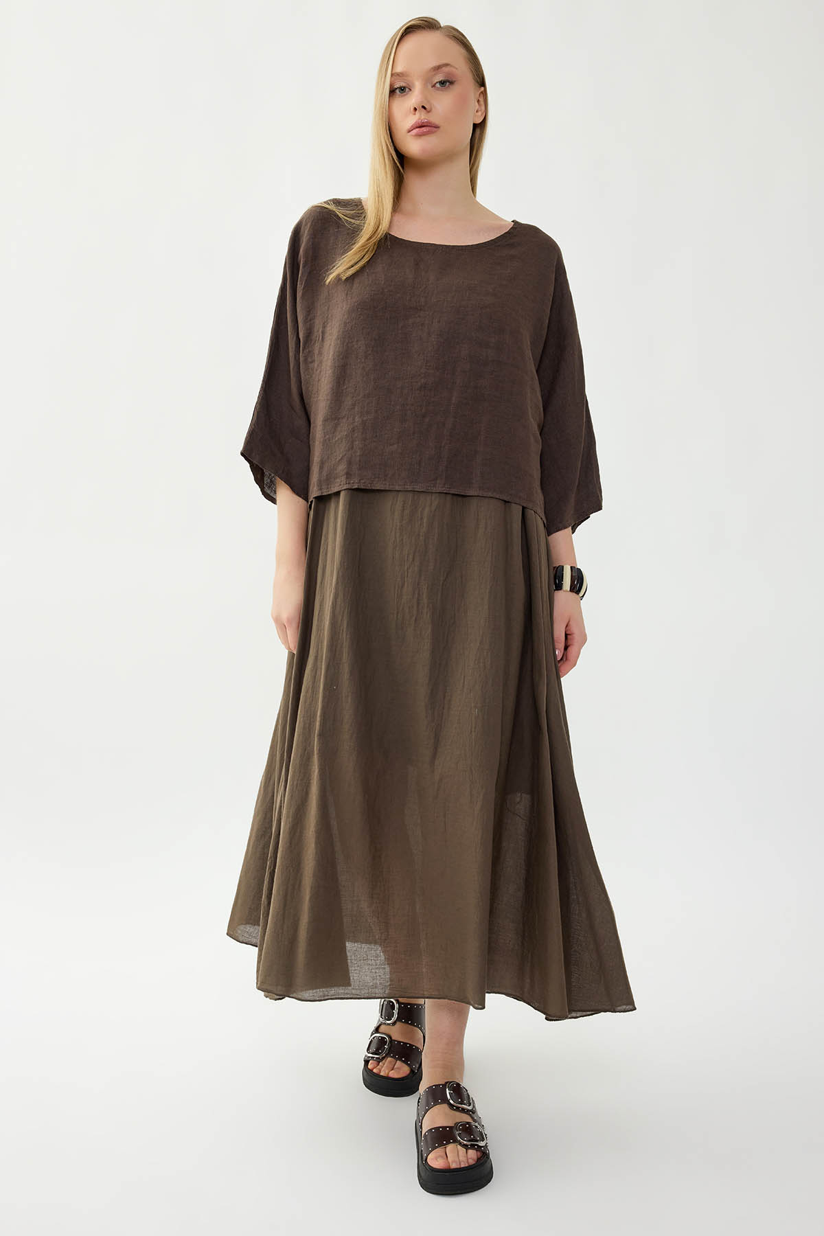 %100 Keten Kısa Kol Uzun Elbise - Thumbnail