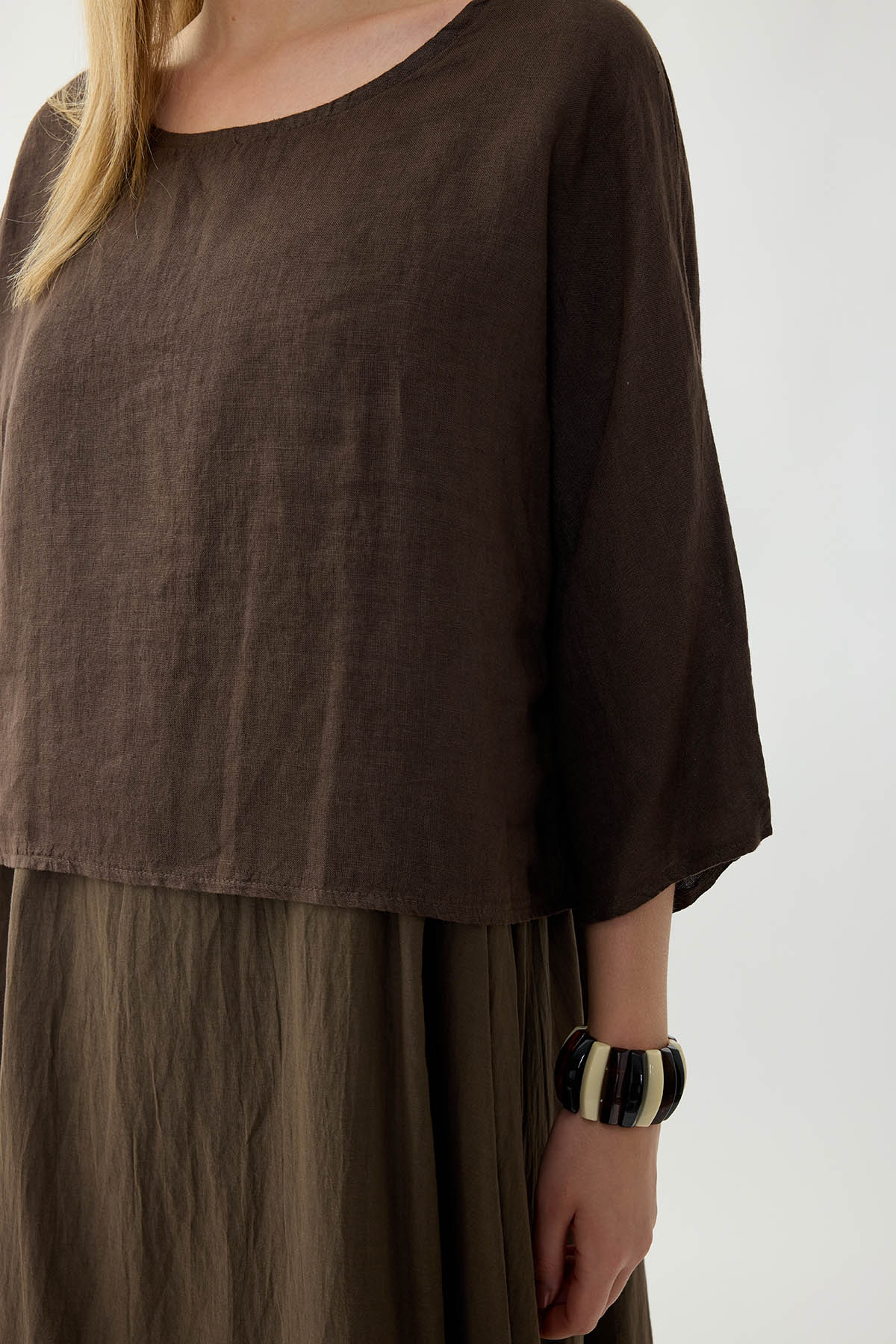 %100 Keten Kısa Kol Uzun Elbise - Thumbnail