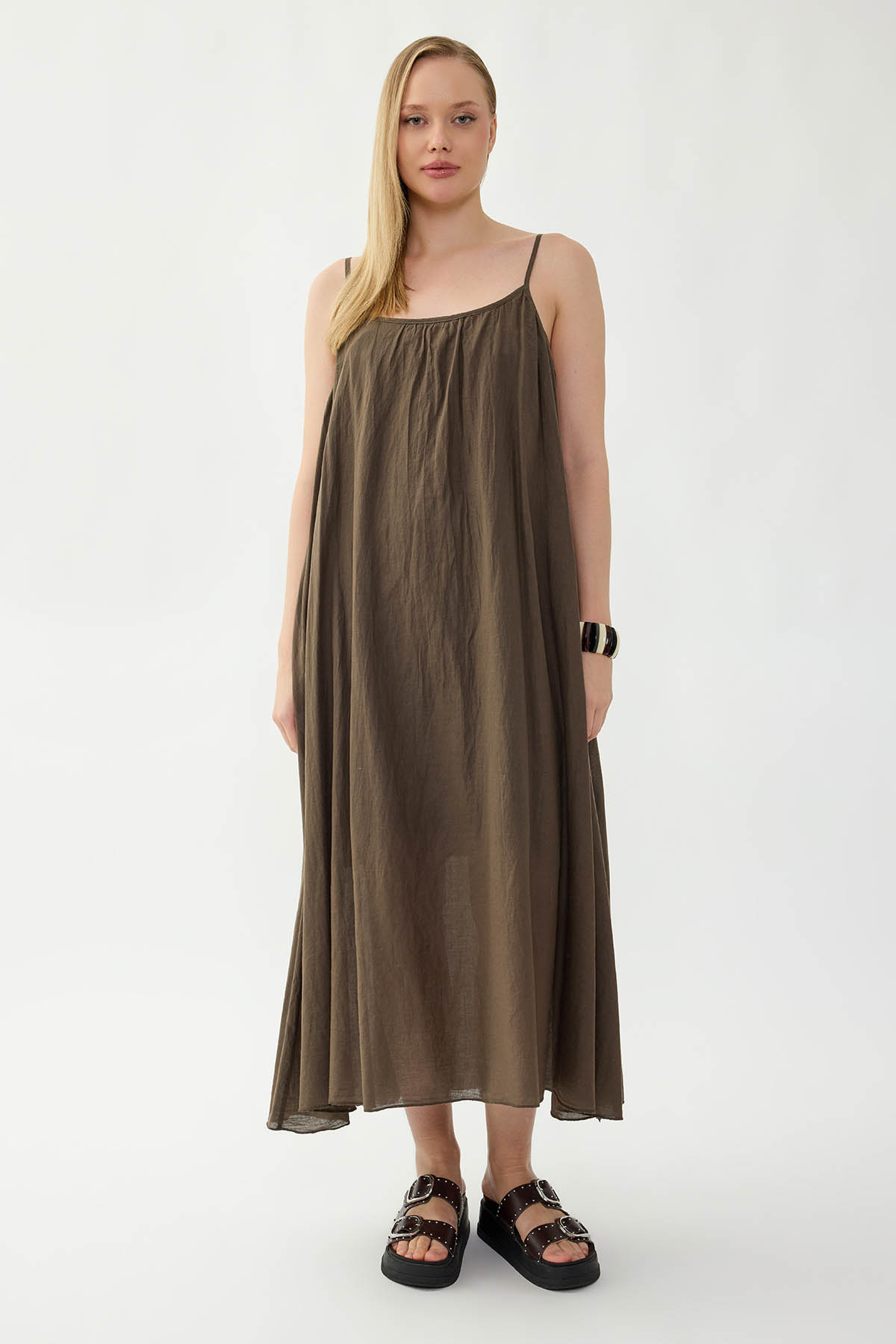 %100 Keten Kısa Kol Uzun Elbise - Thumbnail