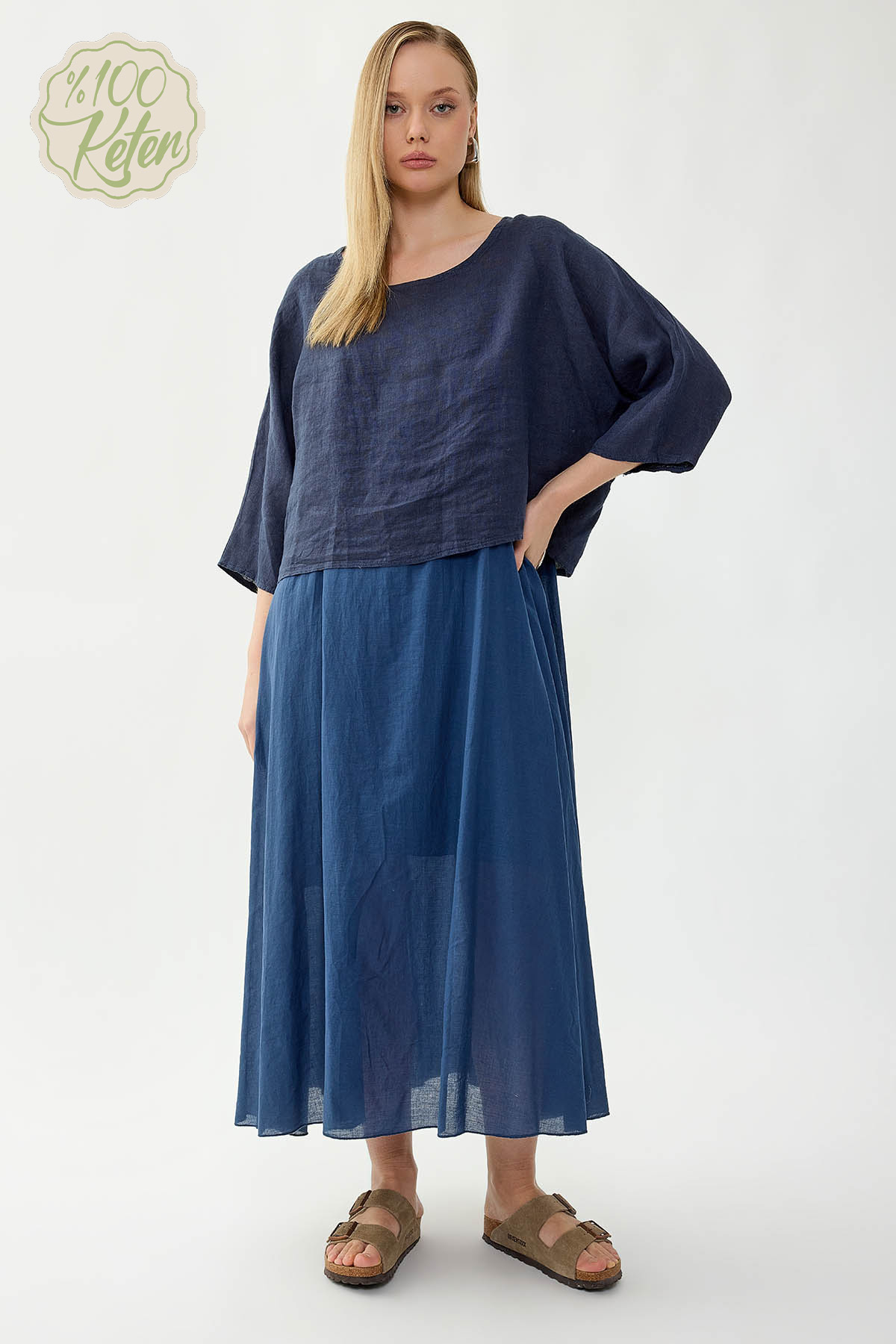 %100 Keten Kısa Kol Uzun Elbise - Thumbnail