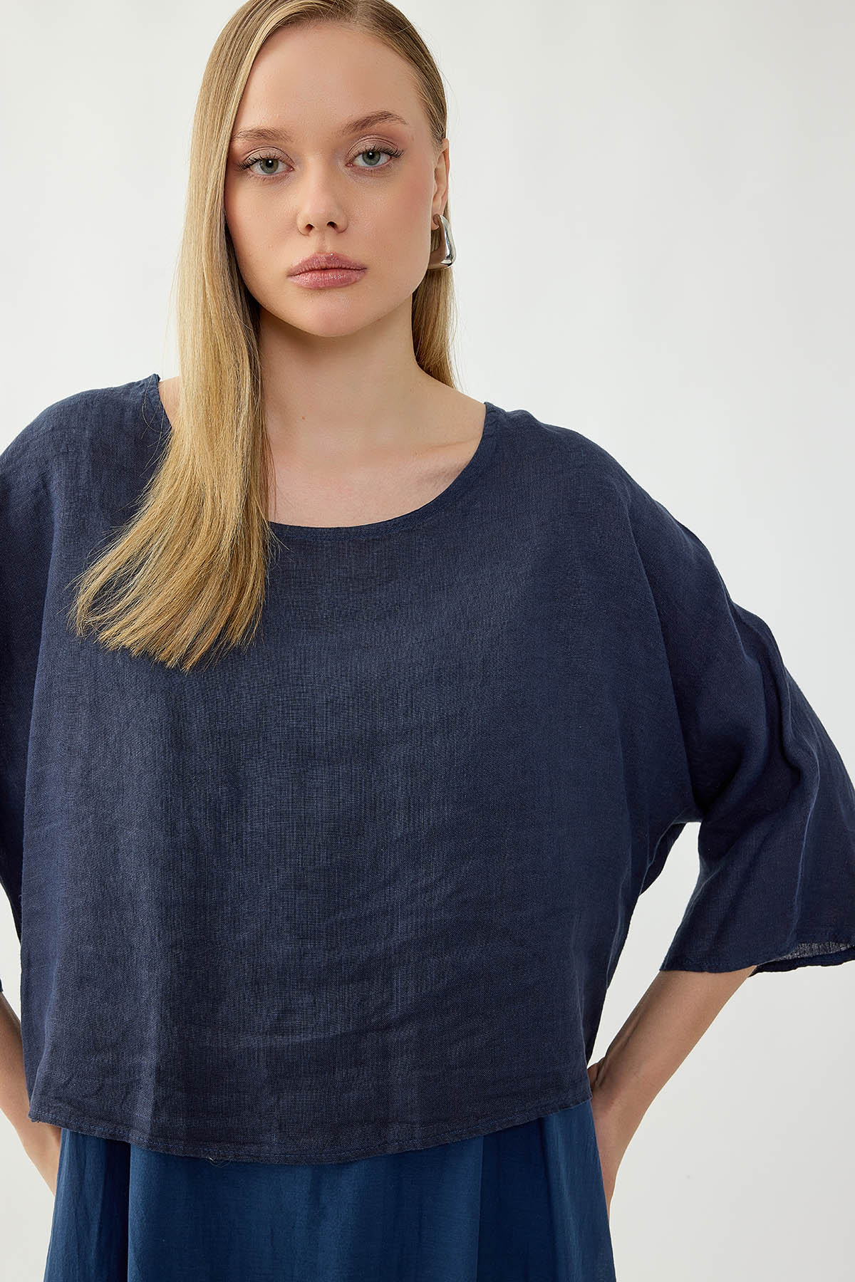 %100 Keten Kısa Kol Uzun Elbise - Thumbnail