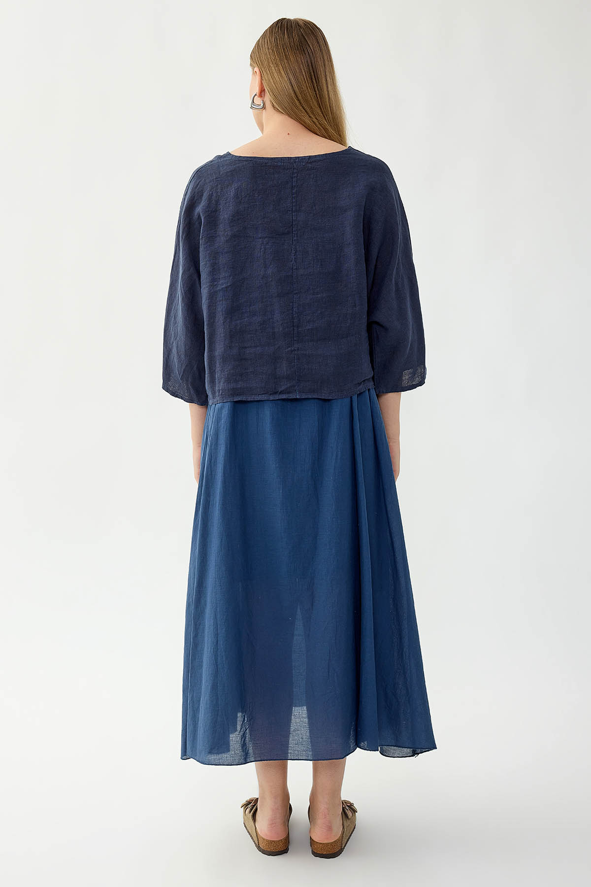 %100 Keten Kısa Kol Uzun Elbise - Thumbnail