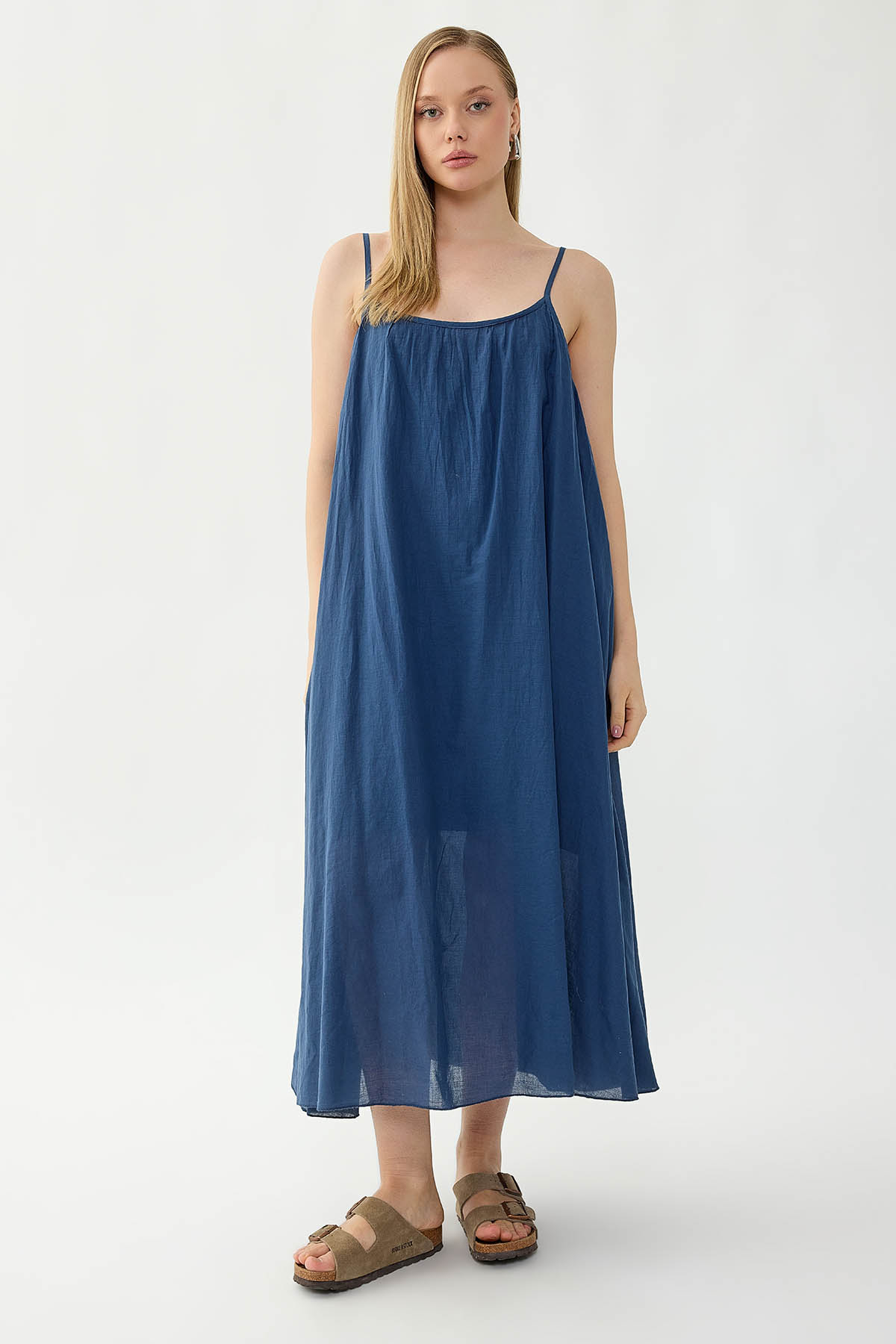 %100 Keten Kısa Kol Uzun Elbise - Thumbnail