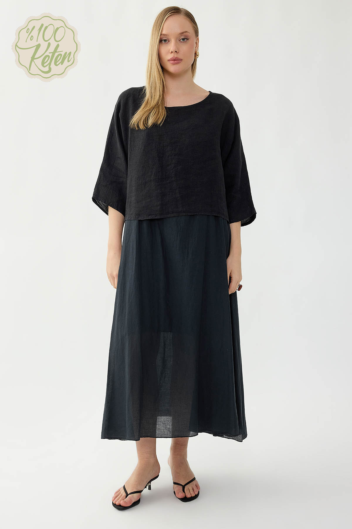 %100 Keten Kısa Kol Uzun Elbise - Thumbnail