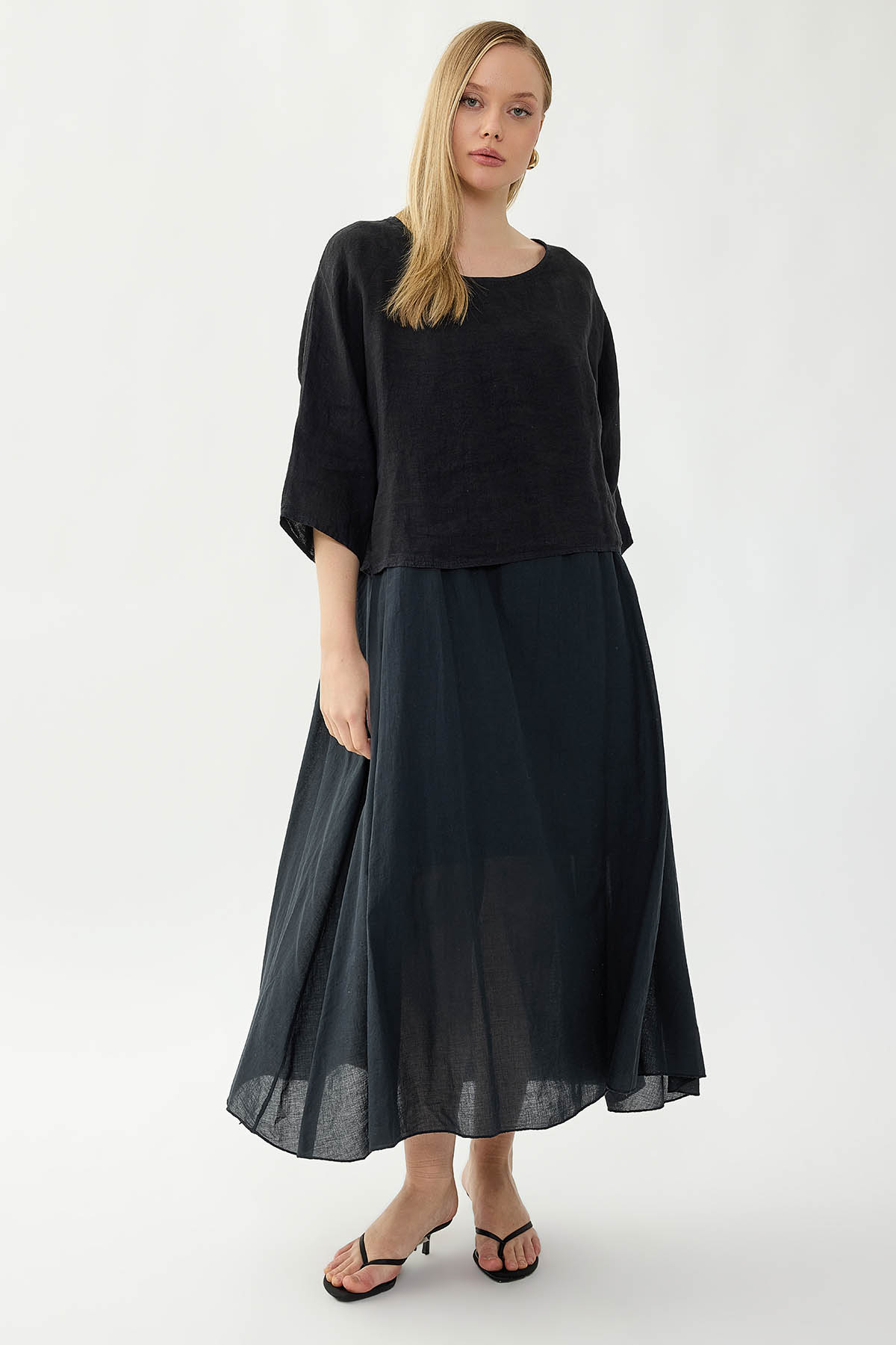 %100 Keten Kısa Kol Uzun Elbise - Thumbnail