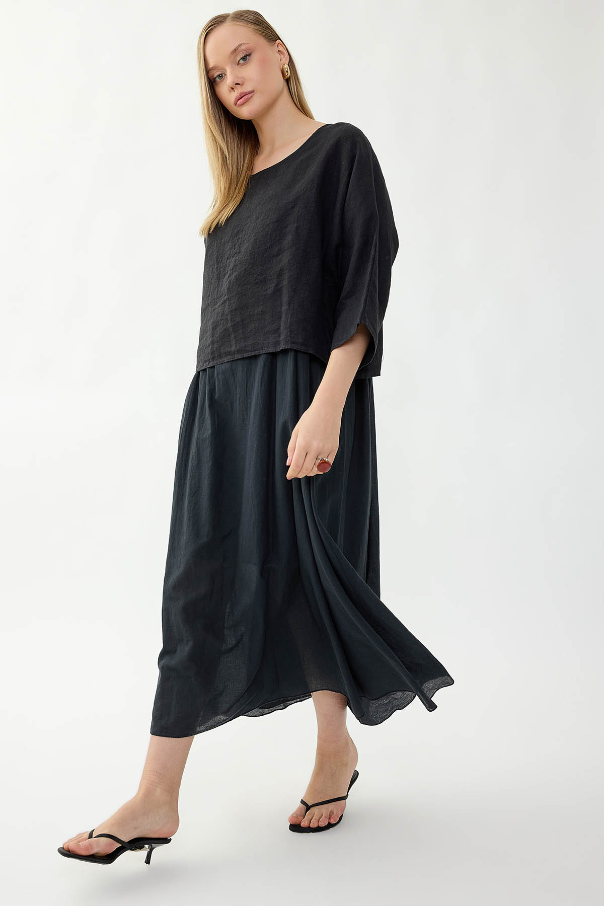 %100 Keten Kısa Kol Uzun Elbise - Thumbnail