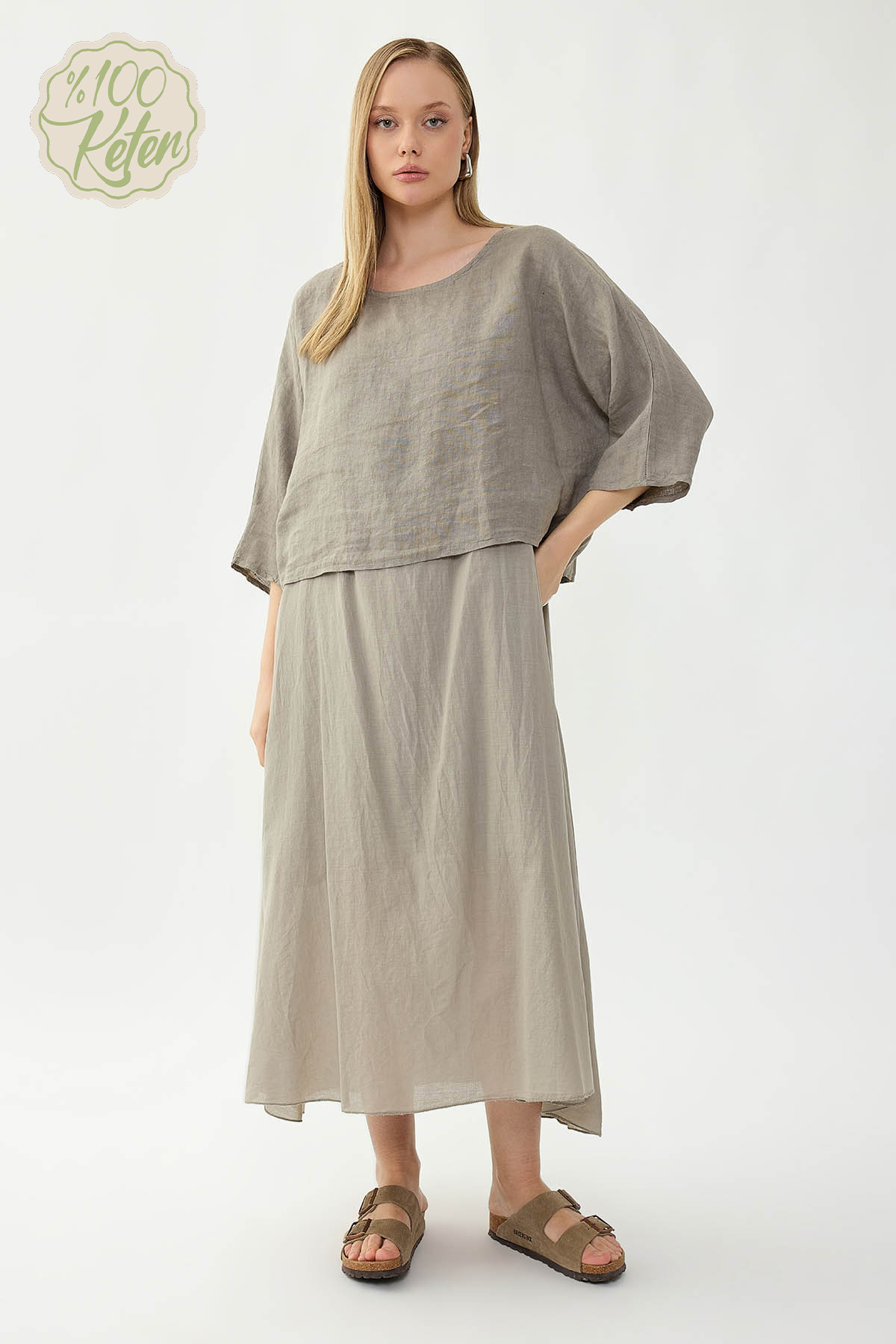 %100 Keten Kısa Kol Uzun Elbise - Thumbnail