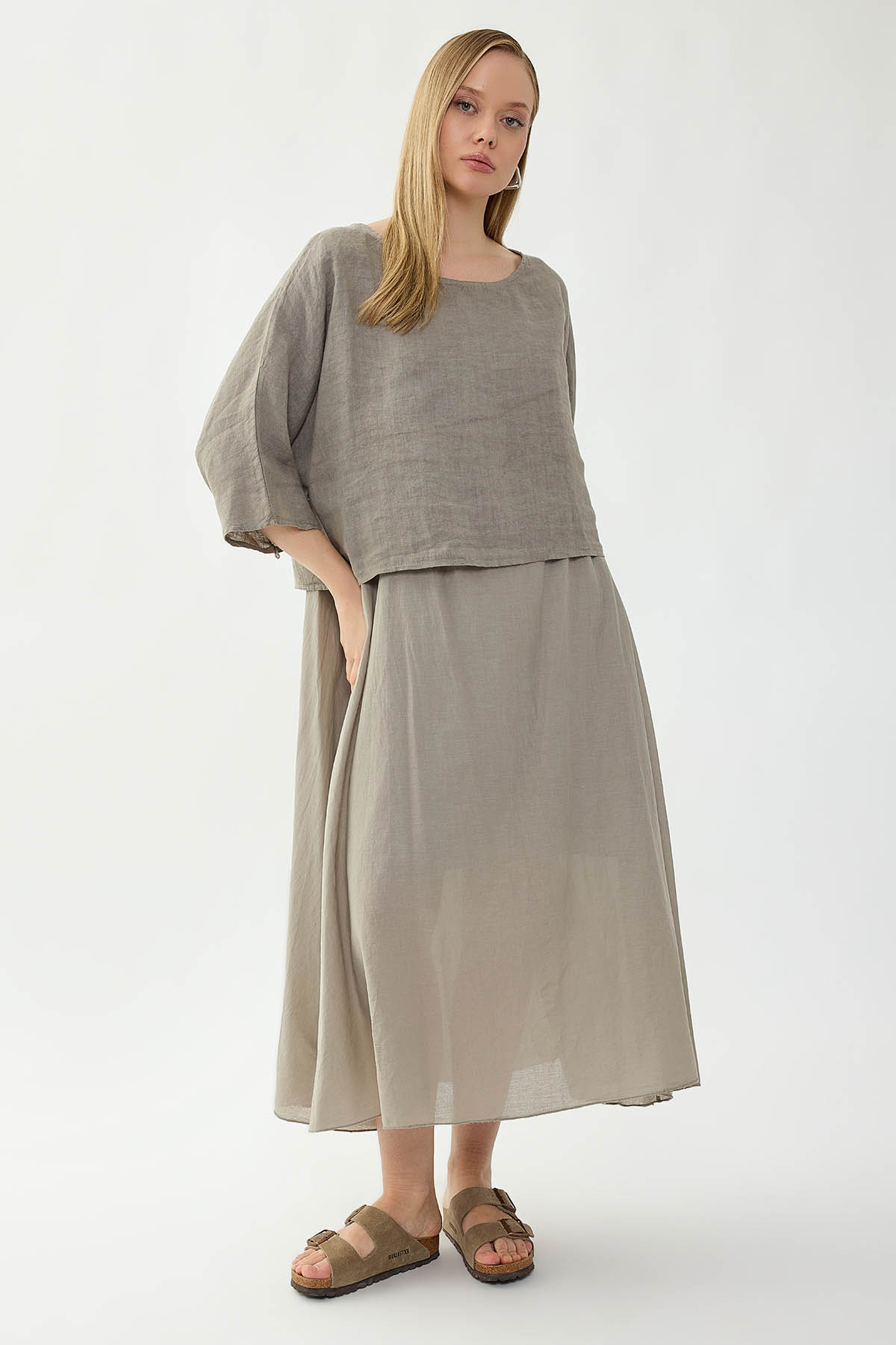 %100 Keten Kısa Kol Uzun Elbise - Thumbnail